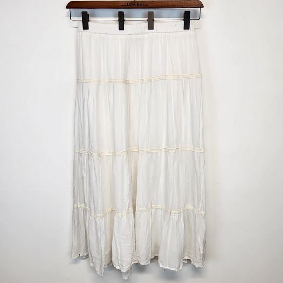 Merona Maxi Broomstick Skirt Size L White Lined Tiered Flowy Cottage Boho Gypsy - Picture 1 of 9